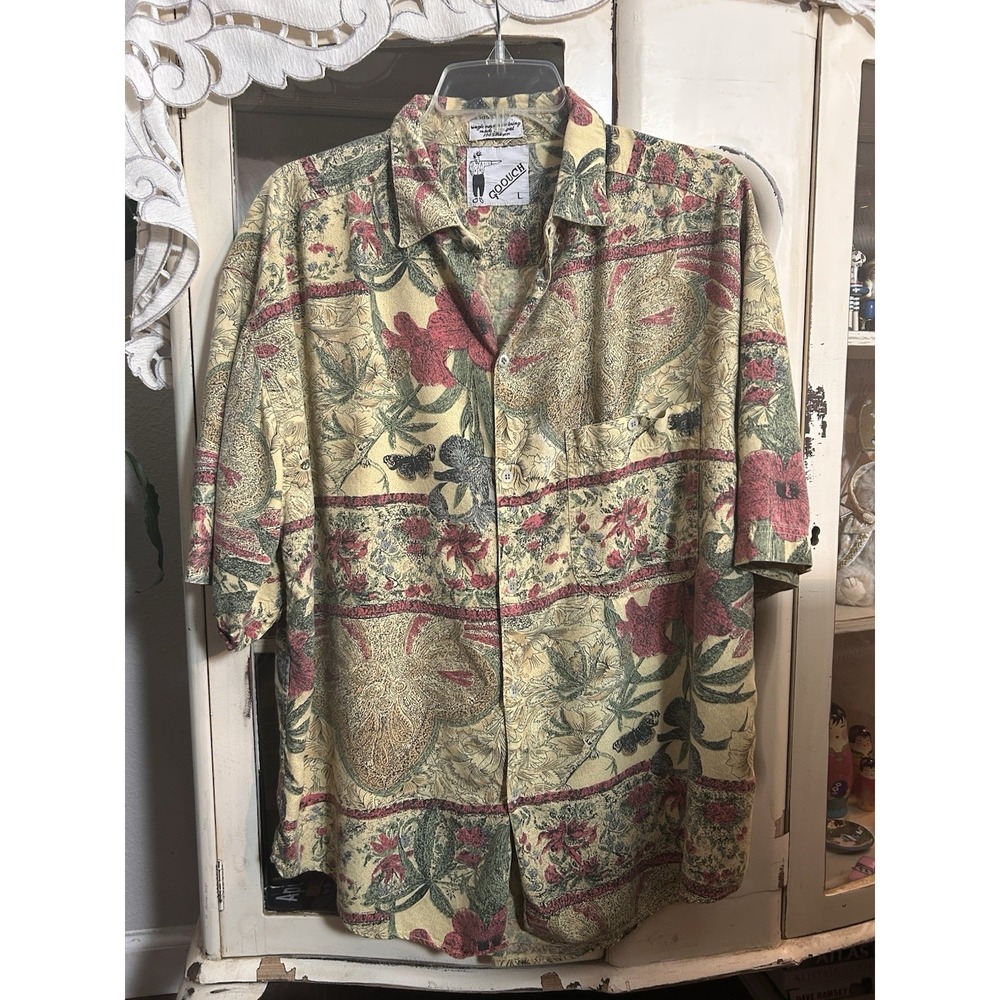 VINTAGE! Goouch Men's Hawaiian Button Down Botanical Print Pattern Shirt Size L